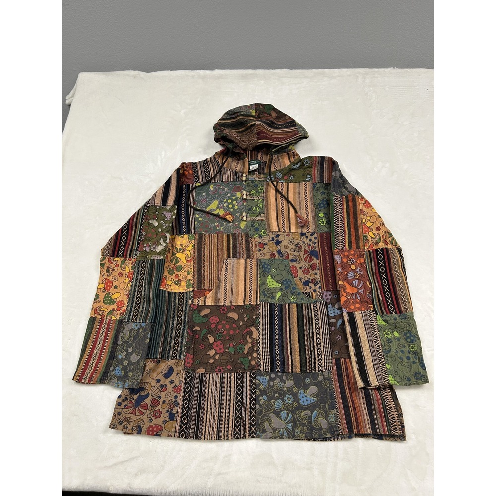 Kathmandu Imports Patchwork Hoodie Unisex Medium Multi Color Mushroom Boho Nepal